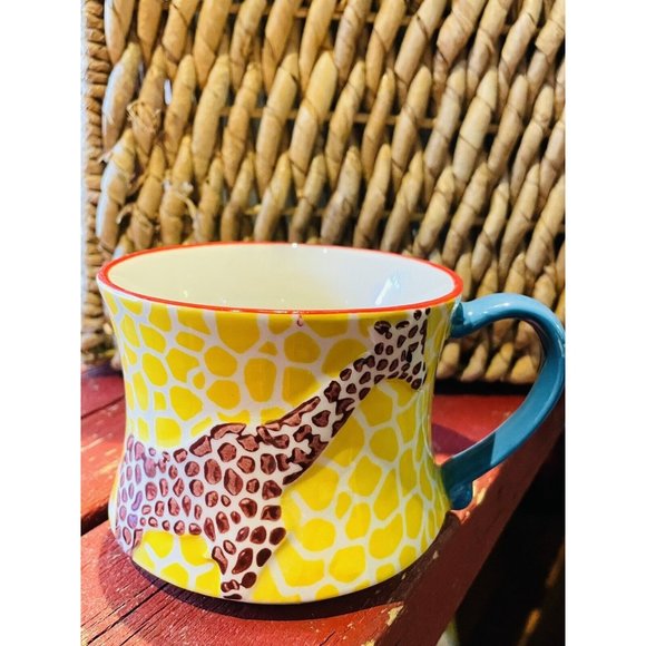 Pier 1 Coffee Mug Cup Yellow Hand Painted Giraffe Print Teal Handle 8 Ounces - Picture 11 of 12